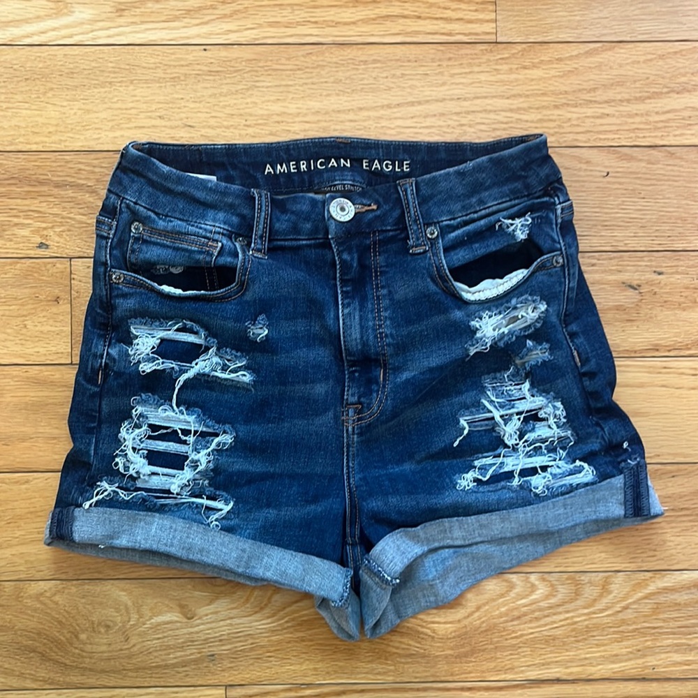 America Eagle Next Level Stretch Distressed Jean Shorts High-rise